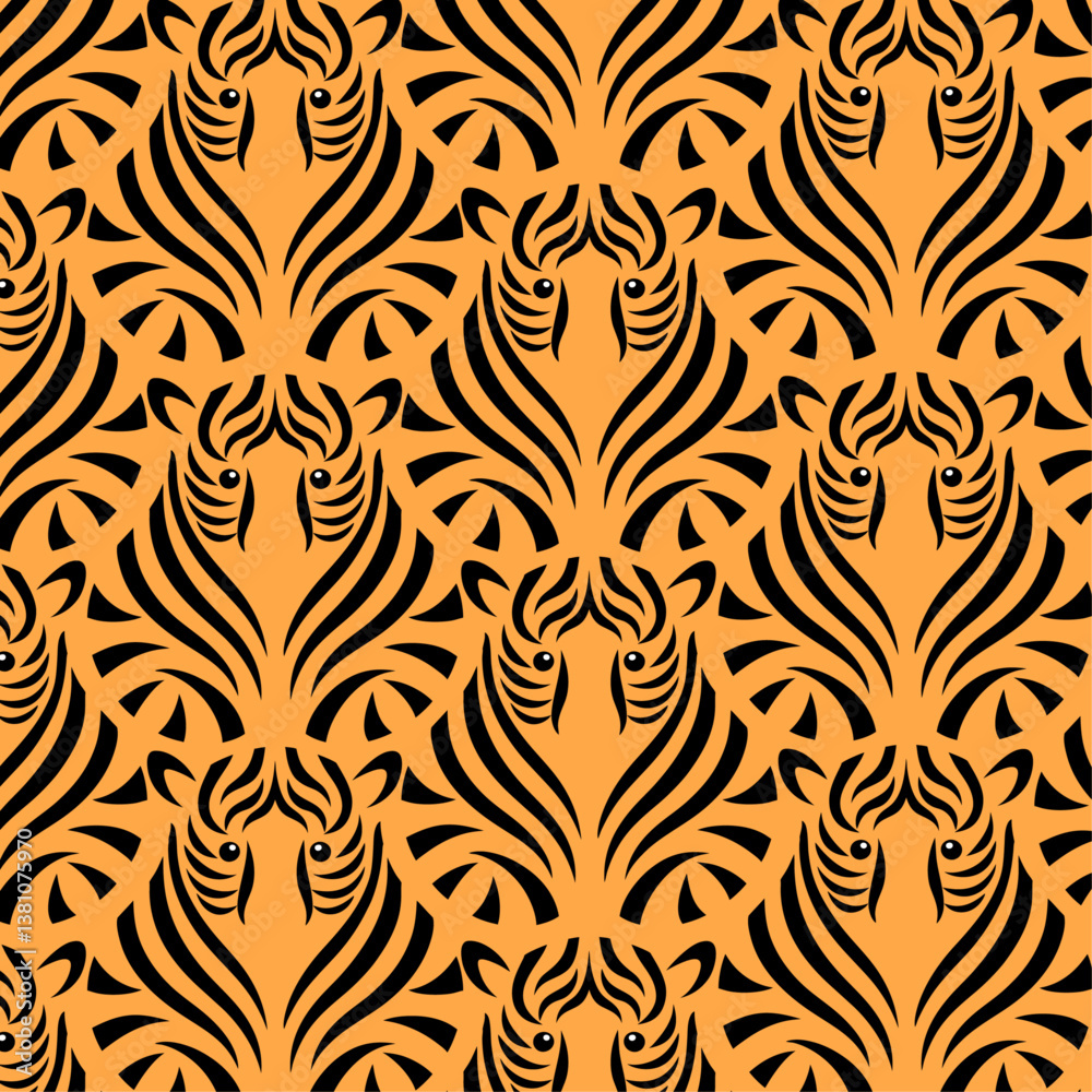 Wild Tiger Face Pattern in Bold Black and Vibrant Orange