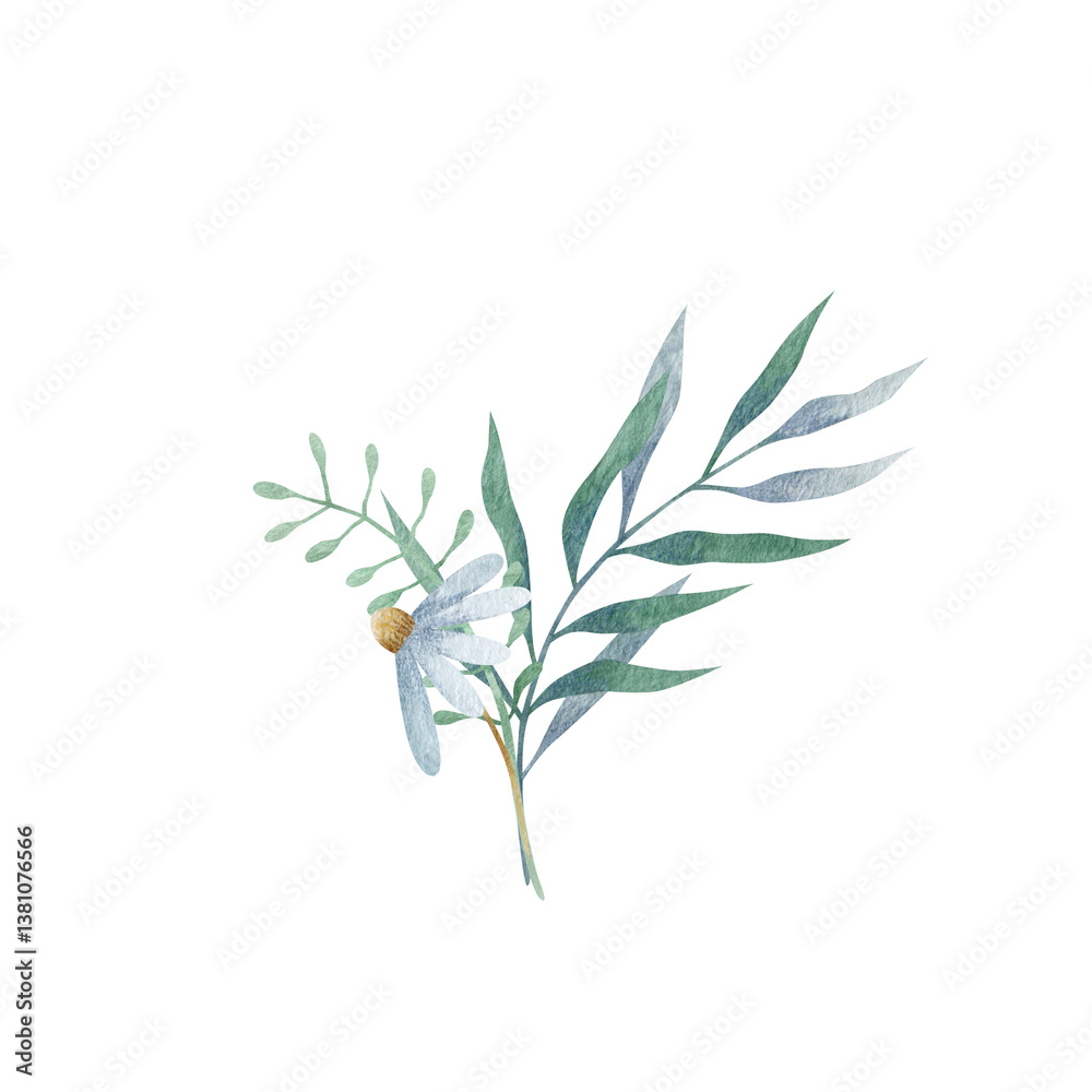 Fototapeta premium Cute floral decor. Watercolor illustrations isolated on white background. Flower and green leaves.