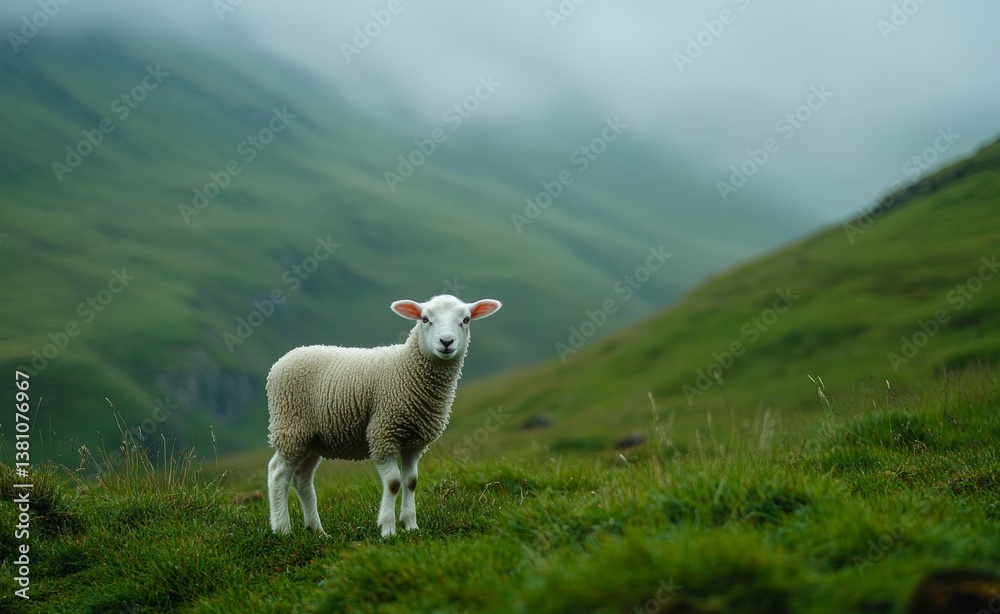 Standing Sheep Grazing on Green Hillside with Mountain in Background Standing Sheep Grazing on Green Hillside with Mountain in Background