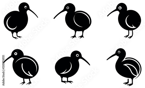 Cute black and white kiwi bird silhouettes.