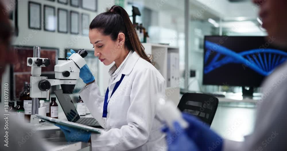 Science, research and woman in lab, microscope and dna testing with sample. People, scientist and forensic experts with equipment, medical and experiment with biotech, review and feedback for results Science, research and woman in lab, microscope and dna testing with sample. People, scientist and forensic experts with equipment, medical and experiment with biotech, review and feedback for results