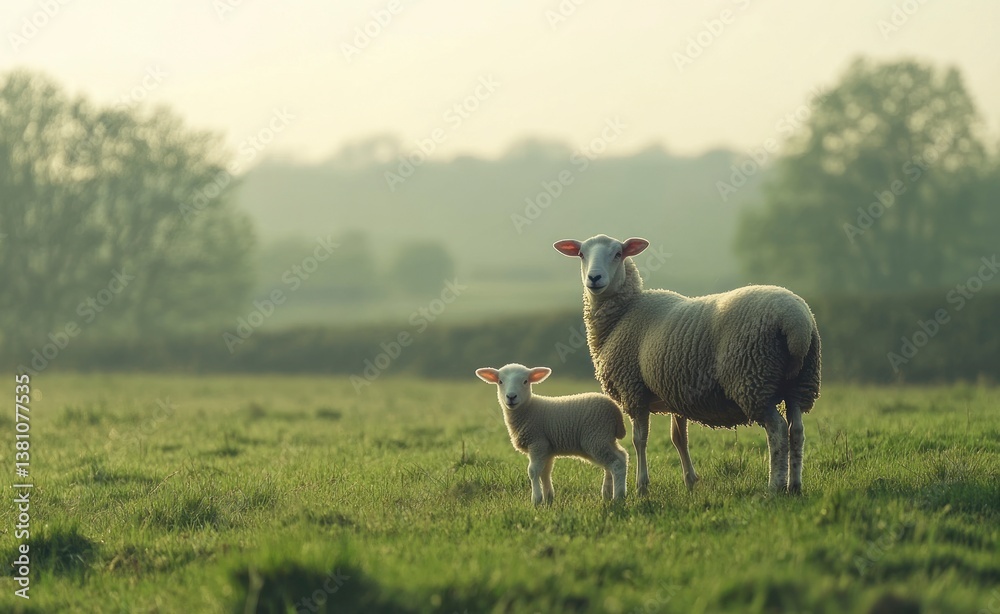 Obraz premium Sheep and Lamb Standing in a Field on a Misty Morning