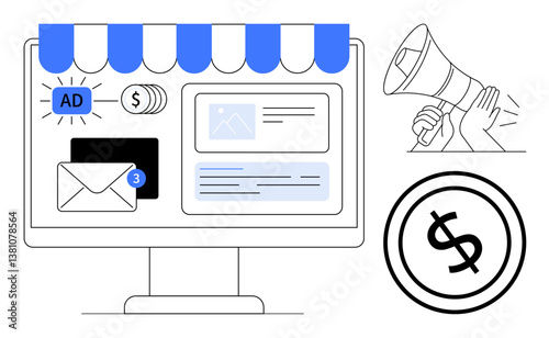 Monitor with storefront, email, ads, financial symbols, megaphone amplifying communication. Ideal for marketing, advertising, e-commerce, communication business growth financial literacy creative