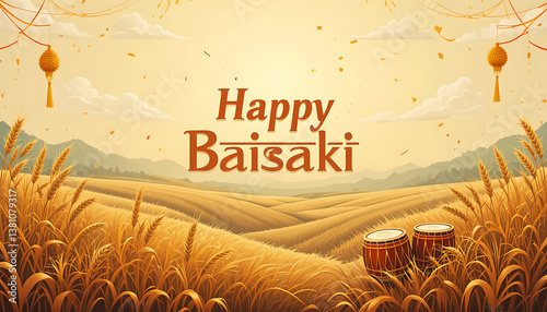 Illustration of happy baisaki celebration with wheat field and traditional drums in the foreground