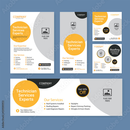 technician service social media post banner set, handyman electricity advertisement concept, light bulb electrician abstract square ad, flyer leaflet concept