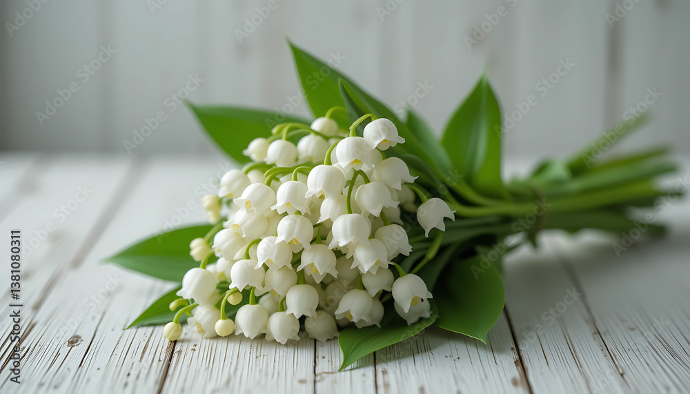 Obraz premium A bunch of lily of the valley flowers with green leaves on a white wooden surface in soft lighting