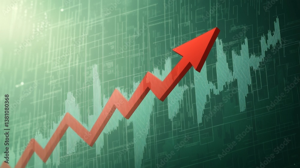 Financial growth concept with red zigzag arrow on green data graph background Financial growth concept with red zigzag arrow on green data graph background
