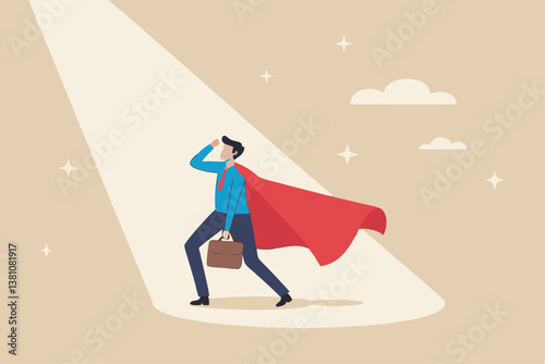 Best success candidate, search for talent, outstanding staff or discover high performance employee, leadership, hiring or recruitment concept, confidence businessman superhero with spotlight shining.