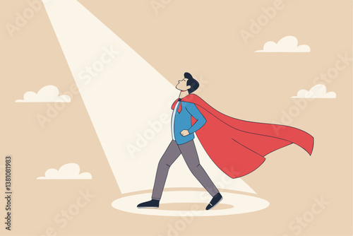 Best success candidate, search for talent, outstanding staff or discover high performance employee, leadership, hiring or recruitment concept, confidence businessman superhero with spotlight shining.