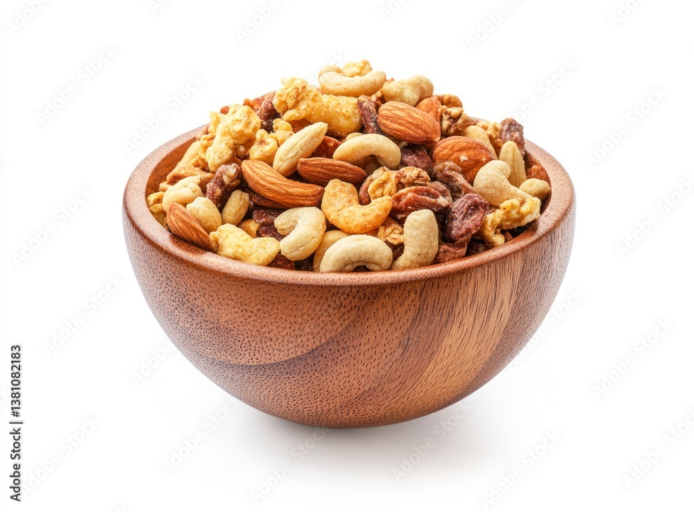 Wooden Bowl Filled with Mixed Nuts on a White Background Wooden Bowl Filled with Mixed Nuts on a White Background