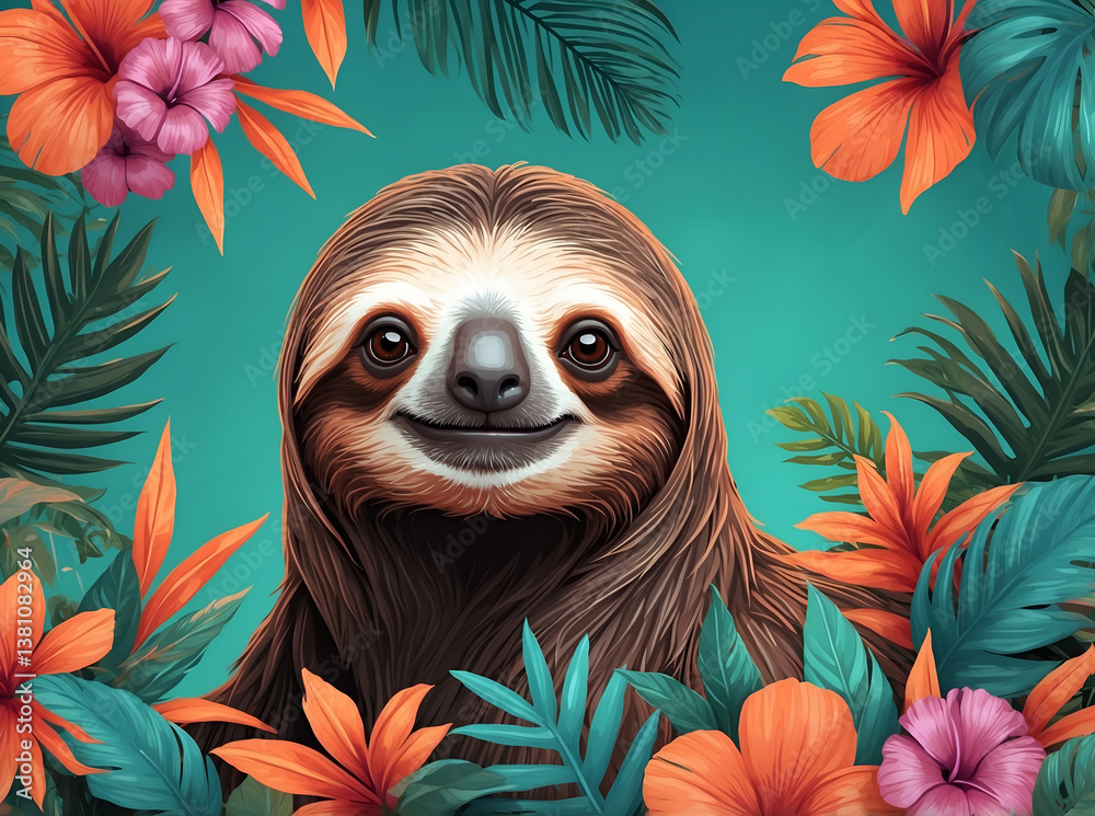 Fototapeta premium Lazy sloth resting comfortably among colorful tropical blossoms, radiating peaceful wilderness charm