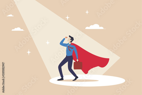 Best success candidate, search for talent, outstanding staff or discover high performance employee, leadership, hiring or recruitment concept, confidence businessman superhero with spotlight shining.