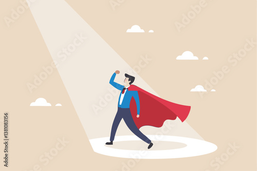 Best success candidate, search for talent, outstanding staff or discover high performance employee, leadership, hiring or recruitment concept, confidence businessman superhero with spotlight shining.