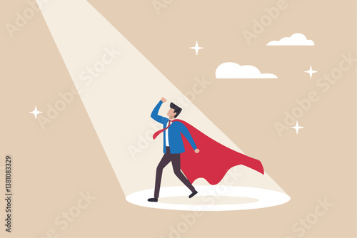 Best success candidate, search for talent, outstanding staff or discover high performance employee, leadership, hiring or recruitment concept, confidence businessman superhero with spotlight shining.