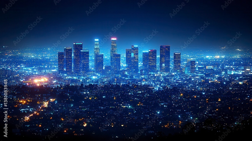 Fototapeta premium Skyline view of a city at night with bright lights on tall buildings