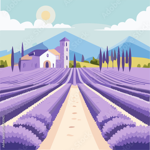 Lavender fields vector illustration. Agro cultivation of lavender flowers in the countryside. Landscape of Provence and Italy. Production of essential oil