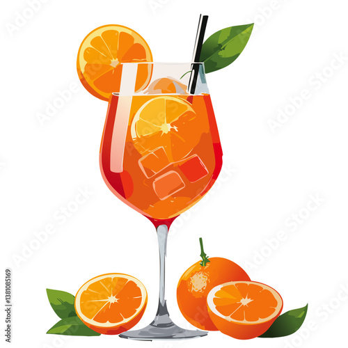 Aperol spritze cocktail vector illustration. Image of summer refreshing alcoholic drink in a glass with ice. Traditional Italian aperitif for bar and menu.