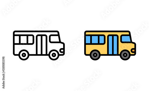 Bus vector isolated on white. School bus icons in outlined and colored styles. Transportation vector illustrations