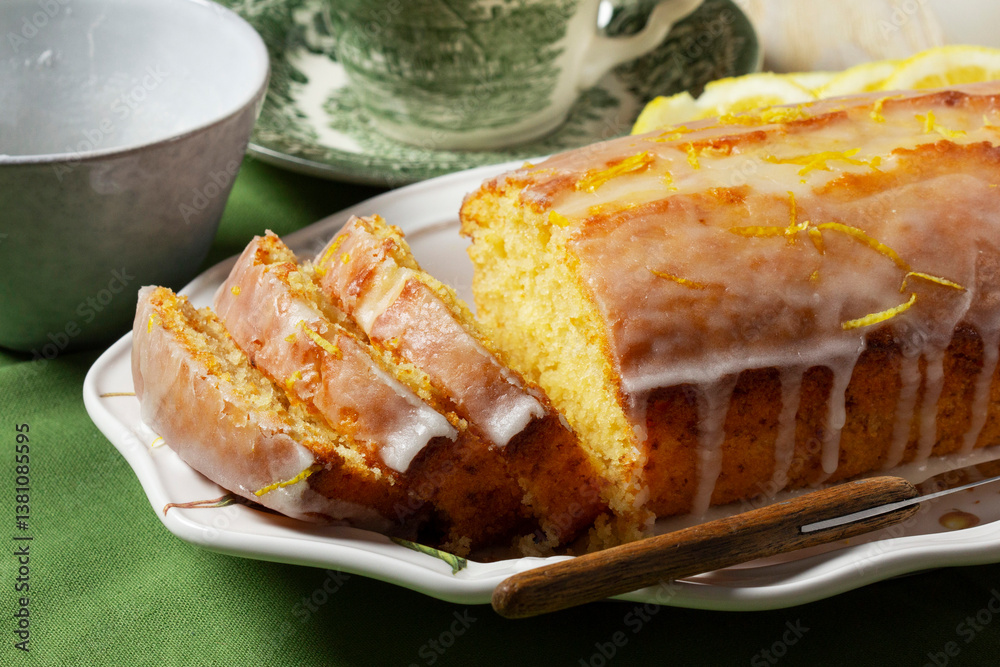 Aromatic lemon cake, covered with sugar icing and sprinkled with zest, served with tea.