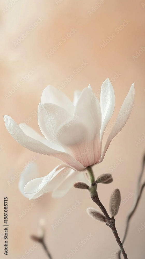Obraz premium A single white magnolia bloom stands tall on its slender branch, radiating elegance. The warm pastel backdrop enhances its beauty, capturing the essence of spring awakening in tranquility