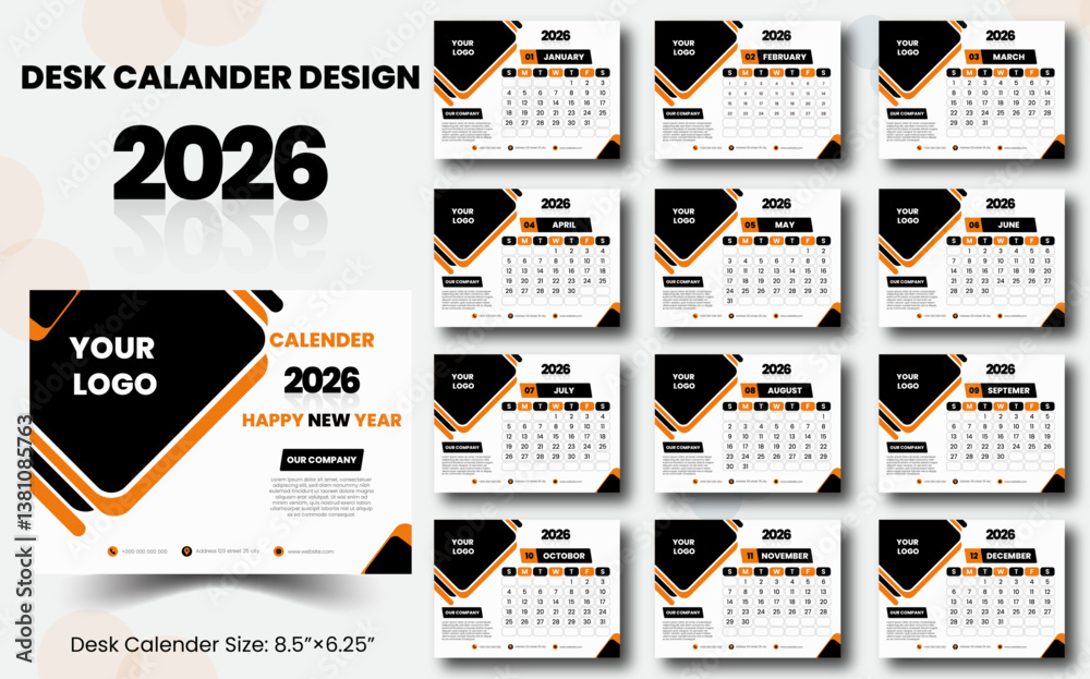 Desk Calendar Creative desk calendar design 2026 template. New Year 2026 table calendar, Minimalist desk calendar 2026 template. simple and clean design, Desk calendar for print, digital calendar, Cor