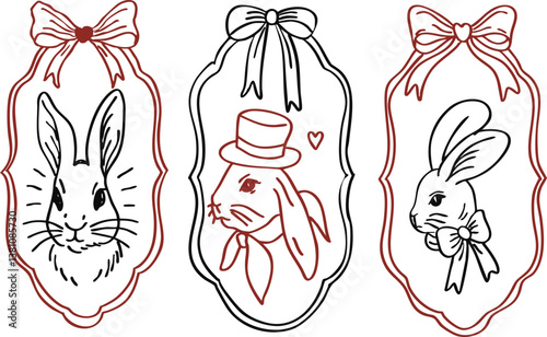 Hand drawn Vintage rabbit illustrations in ornate frames with bows, showcasing different styles Rabbits in Frames with Bows, Hats, and Whimsical Victorian Style