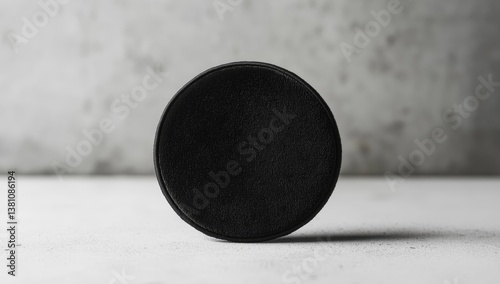 Black hockey puck on light gray surface, studio shot