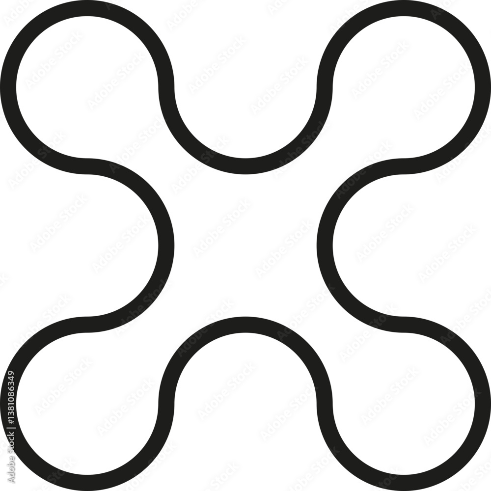 Six circles merged to create an X-shaped geometric composition with continuous and fluid contour lines. Six circles merged to create an X-shaped geometric composition with continuous and fluid contour lines.