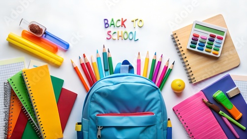 A Flat Lay of a Backpack Filled with Colorful School Supplies photo