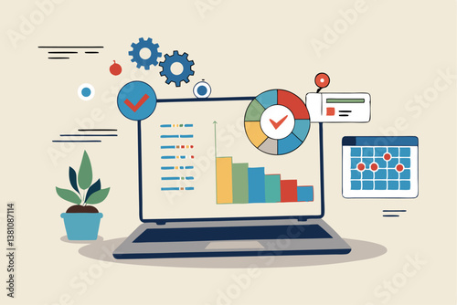 Project management, planning for software development, resources and budget planning, project schedule diagram, Gantt chart for work deadline concept, computer laptop with project management software.
