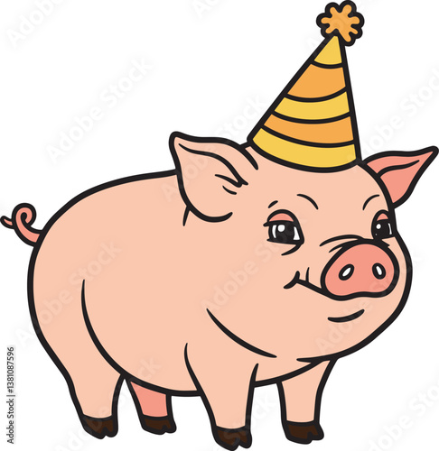 Happy Pig Celebrating Birthday Party in Cute Illustration  