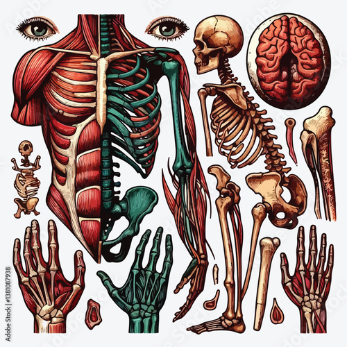 Rib cage, Arm and eye and spine, Anatomy of human bones set. Body and Thorax and pelvis, Extremity and Femur. 