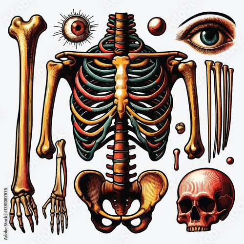 Rib cage, Arm and eye and spine, Anatomy of human bones set. Body and Thorax and pelvis, Extremity and Femur. 