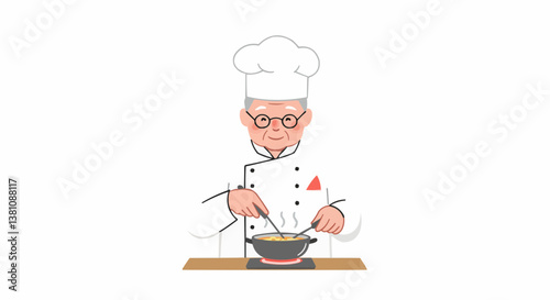 An elderly chef carefully prepares food on a white background.