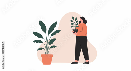 Woman Plants with Calm Doing Gardening against Peach Background.