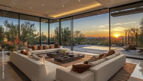 Open-plan living area with stunning sunset views