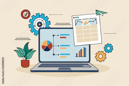 Project management, planning for software development, resources and budget planning, project schedule diagram, Gantt chart for work deadline concept, computer laptop with project management software.