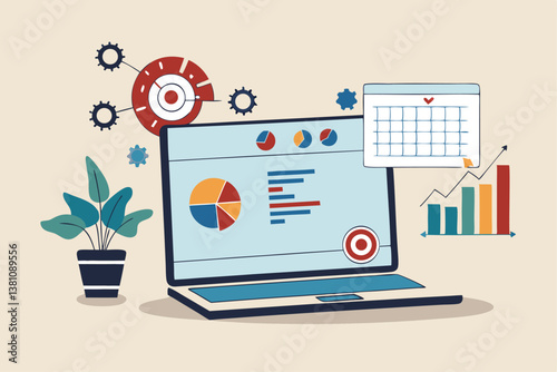 Project management, planning for software development, resources and budget planning, project schedule diagram, Gantt chart for work deadline concept, computer laptop with project management software.