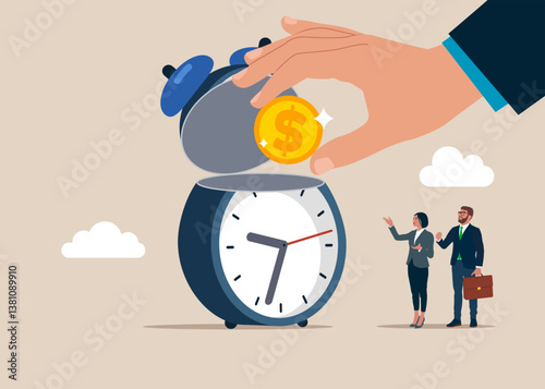 Businessman hand put coin on open alarm. Value of money increases over time.  Flat vector illustration