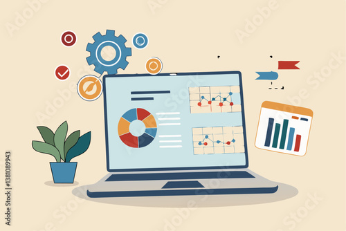 Project management, planning for software development, resources and budget planning, project schedule diagram, Gantt chart for work deadline concept, computer laptop with project management software.
