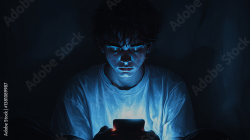 Young man suffering from cyberbullying on social media in the dark