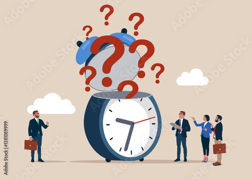 Opening a alarm to search for new business idea. Curiosity explore unknown, search for solution or new business opportunity. Value increases over time. Flat vector illustration