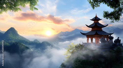 traditional Balinese temple stands majestically at sunrise, surrounded by misty mountains and lush greenery, creating serene and spiritual atmosphere