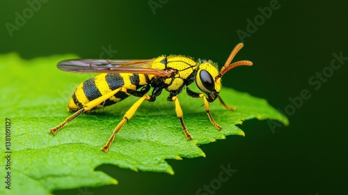 Yellow Jacket Wasp on Leaf, Close up of a yellow jacket wasp on a green leaf.