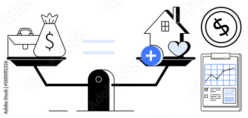 Scales balancing cash bag, work, heart, home with clipboard and investment graph. Ideal for balance, finance, priorities, decision-making health equality investment. Flat simple metaphor