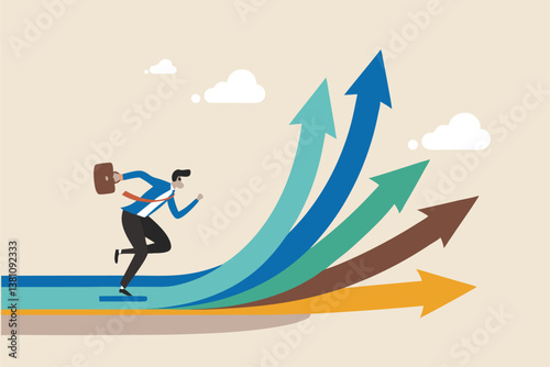 Career decision, choosing direction choices for future opportunity, different path to success, decide or progress options for career growth concept, businessman running to different arrow pathway.