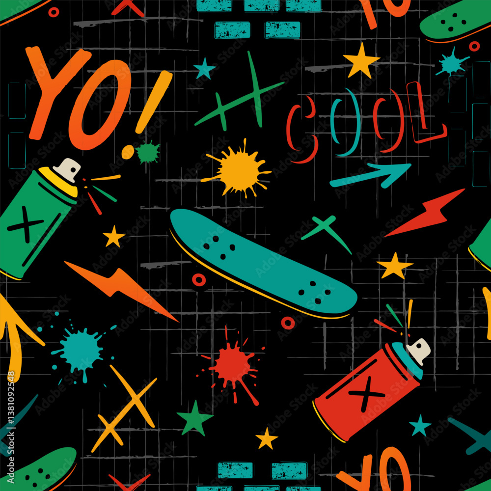 Naklejka premium Seamless streetwear pattern with skateboards, spray paint, splashes and graffiti words on black background. Perfect for kids fashion, streetwear and activewear.