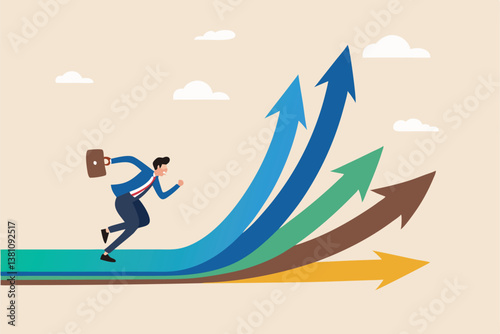 Career decision, choosing direction choices for future opportunity, different path to success, decide or progress options for career growth concept, businessman running to different arrow pathway.