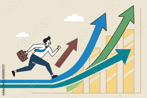 Career decision, choosing direction choices for future opportunity, different path to success, decide or progress options for career growth concept, businessman running to different arrow pathway.