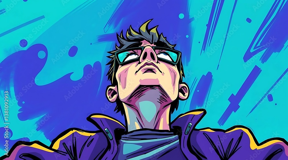 Man looking up, vibrant comic style portrait